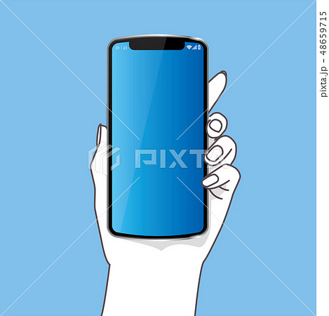 スマホを持つ左手のイラスト シンプル 青い画面 青色背景 Smartphoneのイラスト素材