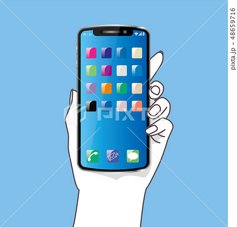 スマホを持つ左手のイラスト シンプル アプリのアイコン 青色背景 Smartphoneのイラスト素材 48659716 Pixta