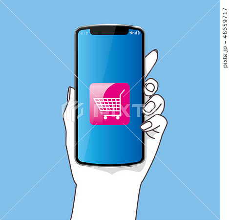 スマホを持つ左手のイラスト シンプル ショッピングカートのアイコン 青色背景 Smartphoneのイラスト素材