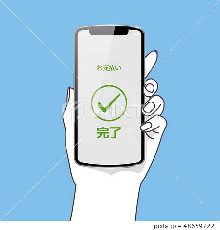 スマホを持つ左手のイラスト シンプル Qrコード決済イメージ 青色背景 Smartphoneのイラスト素材