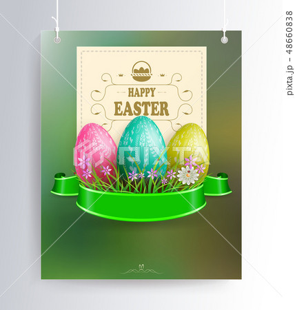 Easter composition of a green shade with a silhouette of eggs, a green ribbon and a square frame Easter composition of a green shade with a silhouette of eggs, a green ribbon and a square frame 48660838