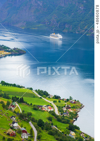 Cruise liner in the waters of Aurlandsfjord, Cruise liner in the waters of Aurlandsfjord, 48660878