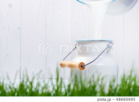 pouring milk from a bucket 48660995