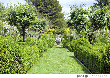 Stone flowerpot in the middle of an English garden Stone flowerpot in the middle of an English garden 48667566
