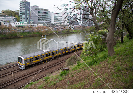 葉桜の外堀を行く総武線209系 48672080