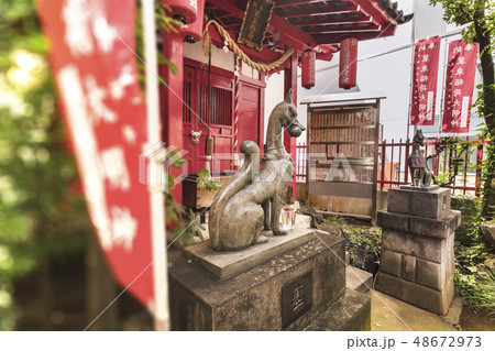 東京の北区、王子市にある名所江戸百景の版画で描かれている狐の榎の木の下に立つ装束稲荷神社。 東京の北区、王子市にある名所江戸百景の版画で描かれている狐の榎の木の下に立つ装束稲荷神社。 48672973