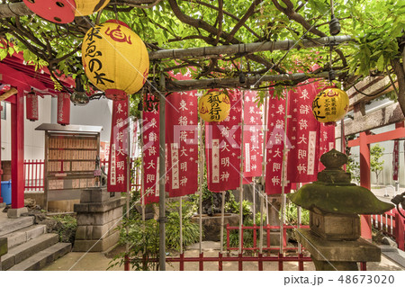 東京の北区、王子市にある名所江戸百景の版画で描かれている狐の榎の木の下に立つ装束稲荷神社。 48673020