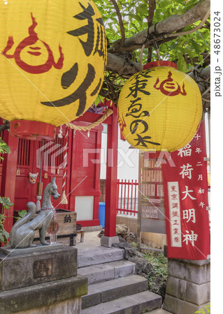 東京の北区、王子市にある名所江戸百景の版画で描かれている狐の榎の木の下に立つ装束稲荷神社。 48673024