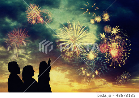 Family looks holiday fireworks 48673135