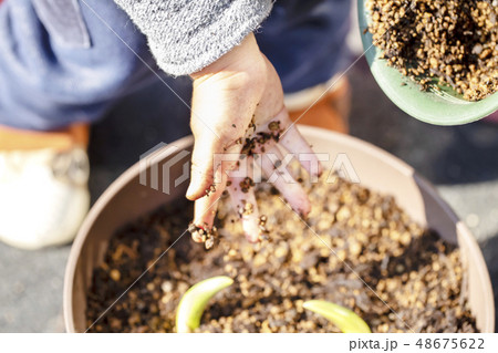 土を鉢植えに入れる子供の手 土を鉢植えに入れる子供の手 48675622