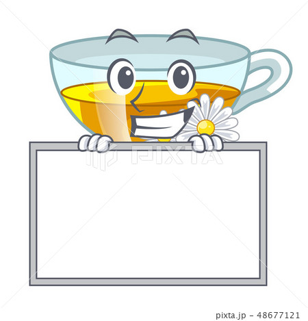 Grinning with board cup chamomile tea cartoon above table Grinning with board cup chamomile tea cartoon above table 48677121