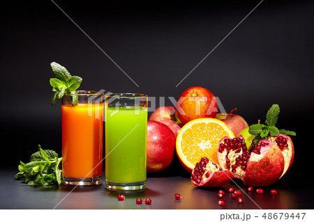 Glasses with fresh organic vegetable and fruit 48679447