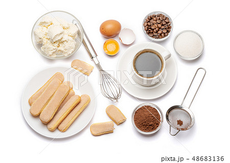 Ingredients for cooking tiramisu - Savoiardi biscuit cookies, mascarpone, cream, sugar, cocoa Ingredients for cooking tiramisu - Savoiardi biscuit cookies, mascarpone, cream, sugar, cocoa 48683136
