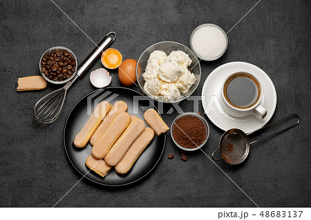 Ingredients for cooking tiramisu - Savoiardi biscuit cookies, mascarpone, cream, sugar, cocoa 48683137