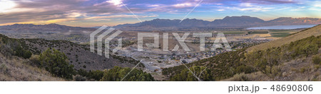 Sunset Panorama of Utah Valley with views of lake 48690806