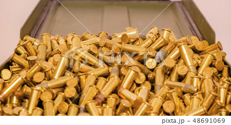 Shiny gold plated bullets inside an open container 48691069
