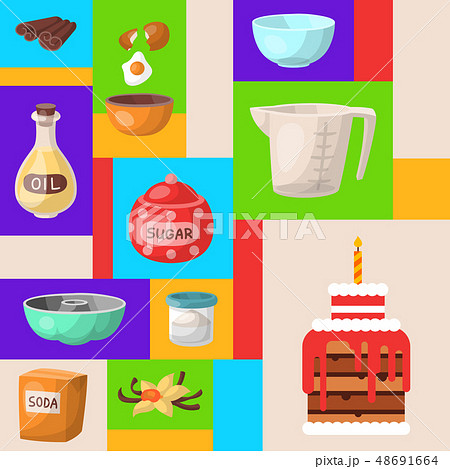 Baking cartoon tools round pattern. Kitchen utensils. Baking ingredients set sugar, vanilla, flour Baking cartoon tools round pattern. Kitchen utensils. Baking ingredients set sugar, vanilla, flour 48691664