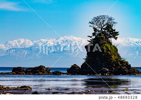 雨晴海岸、そびえ立つ立山と女岩 48693328