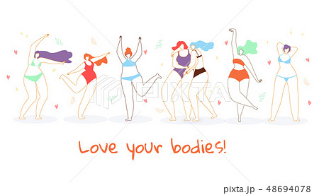 Girls in Swimsuits Standing in Row. Body Positive Girls in Swimsuits Standing in Row. Body Positive 48694078