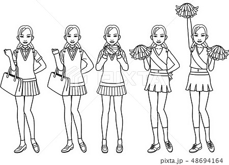 女子高生d立ち姿 セット 線画 のイラスト素材