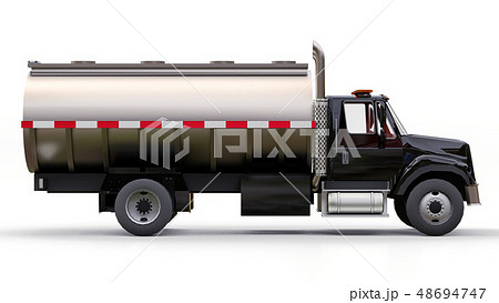Large black truck tanker with a polished metal 48694747