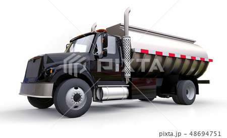 Large black truck tanker with a polished metal 48694751
