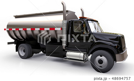 Large black truck tanker with a polished metal 48694757