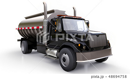 Large black truck tanker with a polished metal 48694758