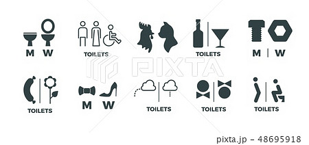 Toilet signs. He she WC door symbols, man and woman bathroom direction signs. Vector funny icons of Toilet signs. He she WC door symbols, man and woman bathroom direction signs. Vector funny icons of 48695918