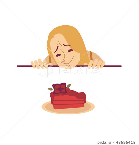 Woman is looking at desired cake from under the table cartoon style 48696418