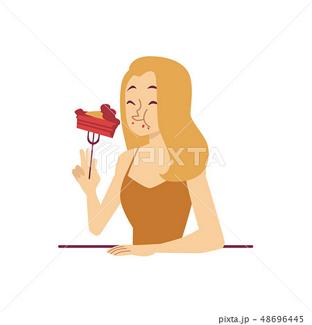 Woman is eating piece of cake holding dessert fork cartoon style Woman is eating piece of cake holding dessert fork cartoon style 48696445