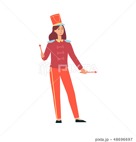Young woman in parade costume with drumsticks in flat style isolated on white background. 48696697