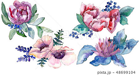 Purple bouquet foral botanical flowers. Watercolor background set. Isolated bouquet illustration Purple bouquet foral botanical flowers. Watercolor background set. Isolated bouquet illustration 48699104