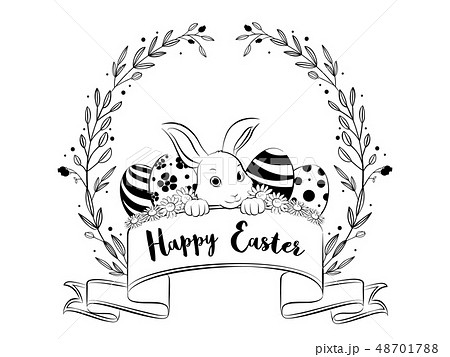 Happy Easter Banner With Floral Wreath Frameのイラスト素材