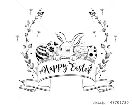 Happy Easter Banner With Floral Wreath Frameのイラスト素材