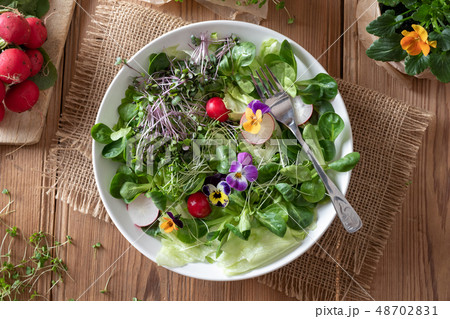 Salad with edible pansies and fresh microgreens 48702831