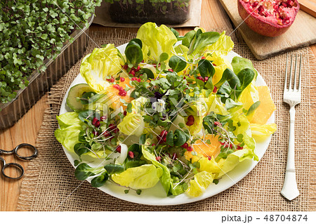 Fruit and vegetable salad with fresh microgreens 48704874