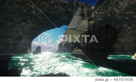 A large medieval ship on a Sunny day sails from a deserted rocky island. 3D Rendering 48707958