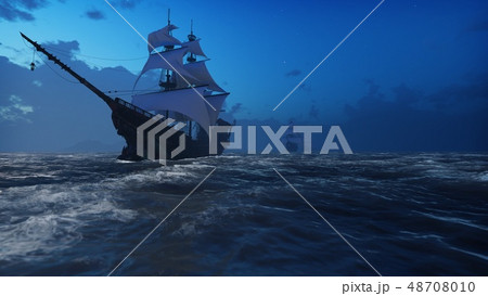 Medieval Wooden boats on the sea in the fog. Pirates sailing down the sea on a ship. 3D Rendering 48708010