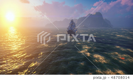A large medieval ship at sea at sunrise. An ancient medieval ship sails to a deserted rocky island 48708014