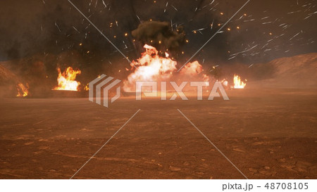 The battlefield in the smoke in the middle of explosions on an uncharted planet. 3D Rendering 48708105
