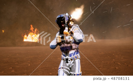 A lone soldier of the future on the battlefield attacks the enemy in the smoke in the middle of A lone soldier of the future on the battlefield attacks the enemy in the smoke in the middle of 48708131