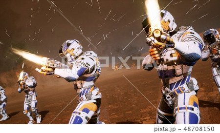 The commander and his soldiers of the future attack the enemy in the smoke in the middle of The commander and his soldiers of the future attack the enemy in the smoke in the middle of 48708150