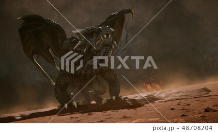 Big dragon in the desert looking for his enemies. 3D Rendering Big dragon in the desert looking for his enemies. 3D Rendering 48708204