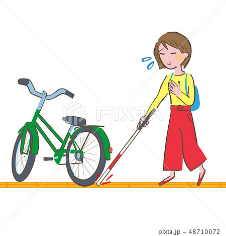 点字ブロックを白杖で確認しながら歩く女性と障害になっている自転車のイラスト素材
