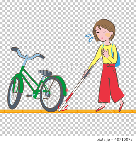 A woman walking while checking a braille block with a white cane and a bicycle that is obstructing 48710072