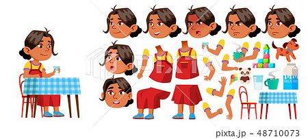 Arab, Muslim Girl Kindergarten Kid Vector. Animation Creation Set. Face Emotions, Gestures. Kiddy 48710073
