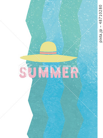 海をイメージした波のグラフィックと 麦わら帽子の夏のイラストのイラスト素材