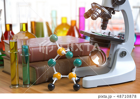 Microscope with alboratory equipmente flasks and Microscope with alboratory equipmente flasks and 48710878