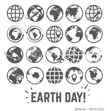 Globe icons set. World earth day card with globe map internet global commerce tourism vector symbols 48712201